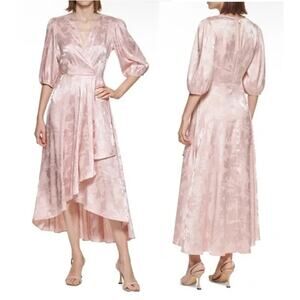 Size 16 Pink Jacquard Ruffle Wrap Midi Flowy Dress Boho Floral Wedding Guest